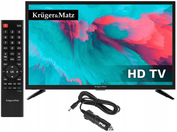TELEWIZOR 24'' LED KRUGER&MATZ 12V 230V DVB-T2 NOWY MODEL KAMPER + ZASILACZ