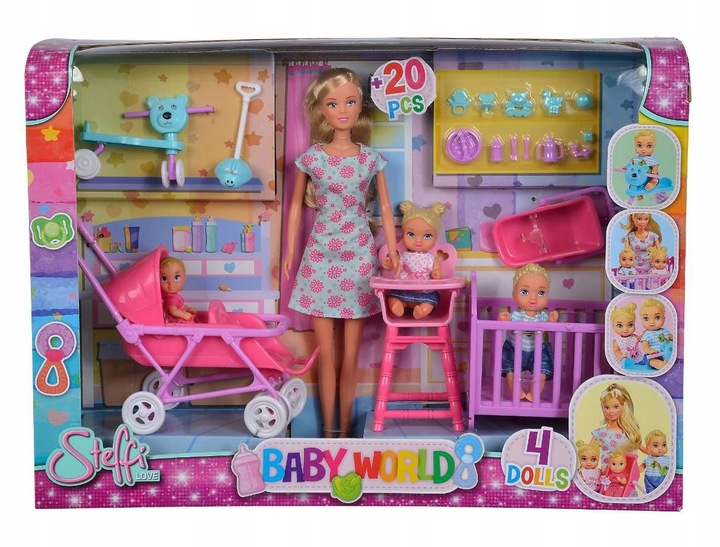 STEFFI DUŻY ZESTAW DZIECIĘCY POKÓJ LALKA BOBASY + WÓZEK ŁÓŻECZKO DLA LALEK