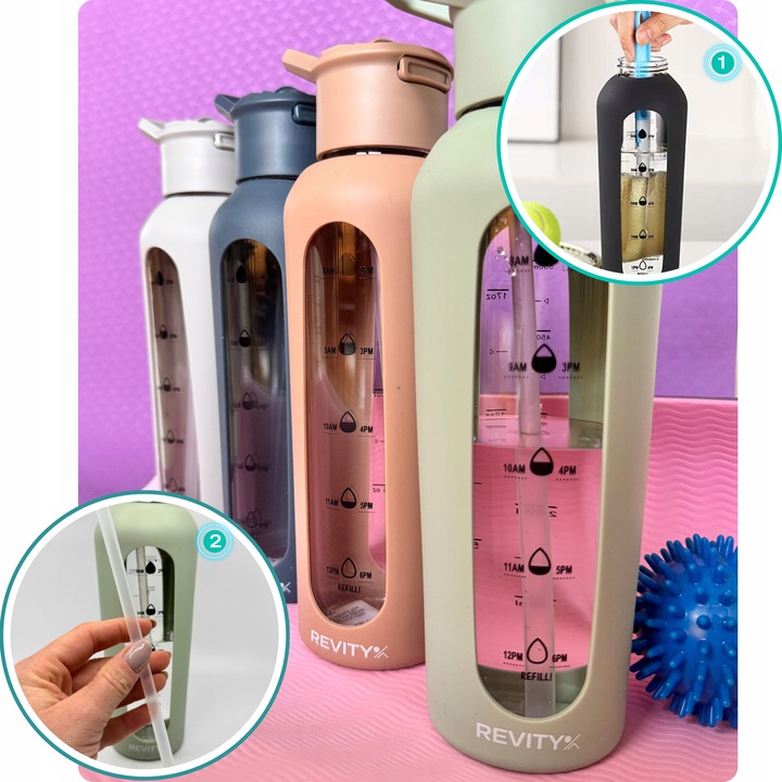 SZKLANA BUTELKA NA WODĘ BIDON SHAKER Z MIARKĄ I DZIUBKIEM SILIKONOWE ETUI