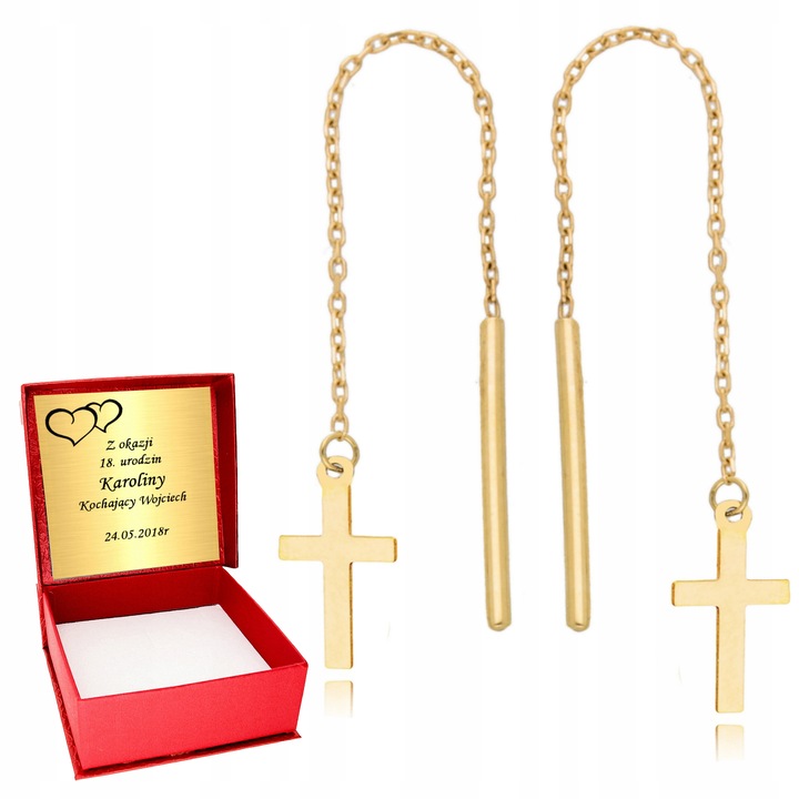 ZŁOTE KOLCZYKI 585 WISZĄCE KRZYŻYKI GRAWER