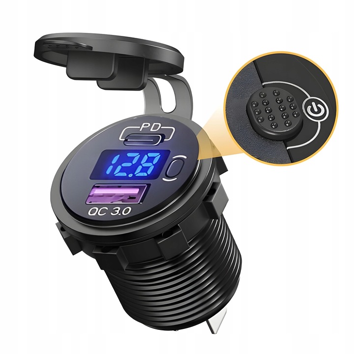 Gniazdo Zapalniczki 12V/24V Woltomierz Samochodowy PANEL Auto USB-C 22,5W