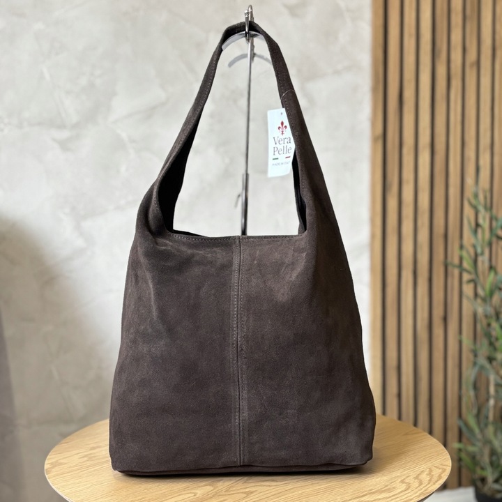 Laura Biaggi torebka shopper skóra naturalna zamszowa brązowy na ramię