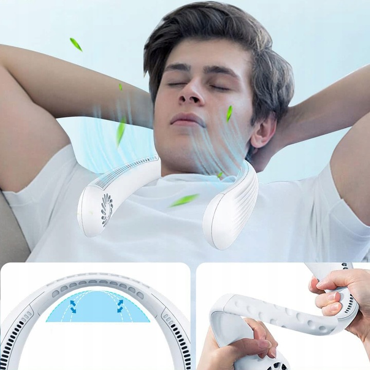 PRZENOŚNY WENTYLATOR WIATRAK NA SZYJĘ USB TRZY REGULOWANE PRĘDKOŚCI 3000mAh