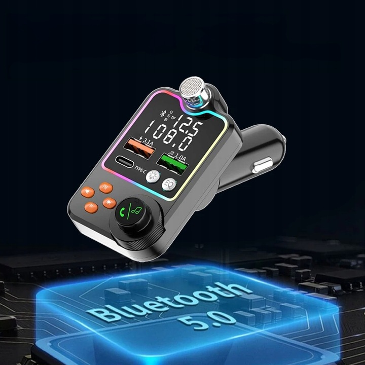 TRANSMITER BLUETOOTH SAMOCHODOWY BT 5.0 ŁADOWANIE QC 3x USB RGB AUDIO FM