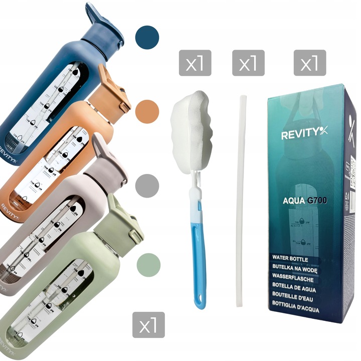 SZKLANA BUTELKA NA WODĘ BIDON SHAKER Z MIARKĄ I DZIUBKIEM SILIKONOWE ETUI