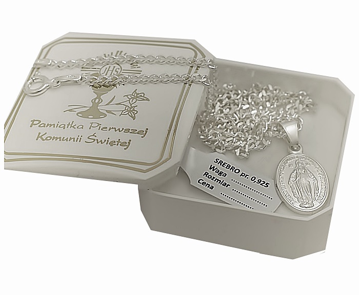 Łańcuszek Srebrny Diamentowany z Medalikiem na Komunie Srebro 925