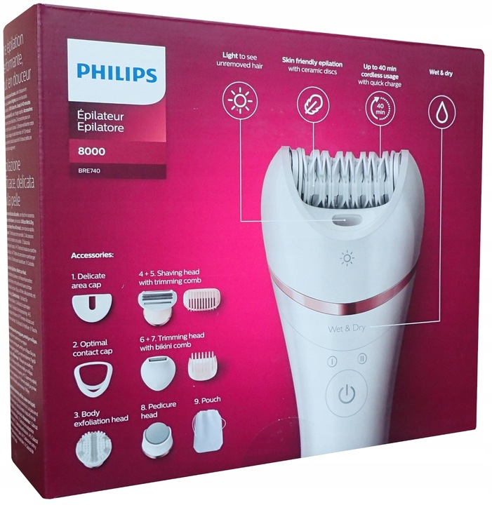 Depilator Golarka Damska do Bikini Ciała Nóg Philips BRE740/10 9 akcesoriów