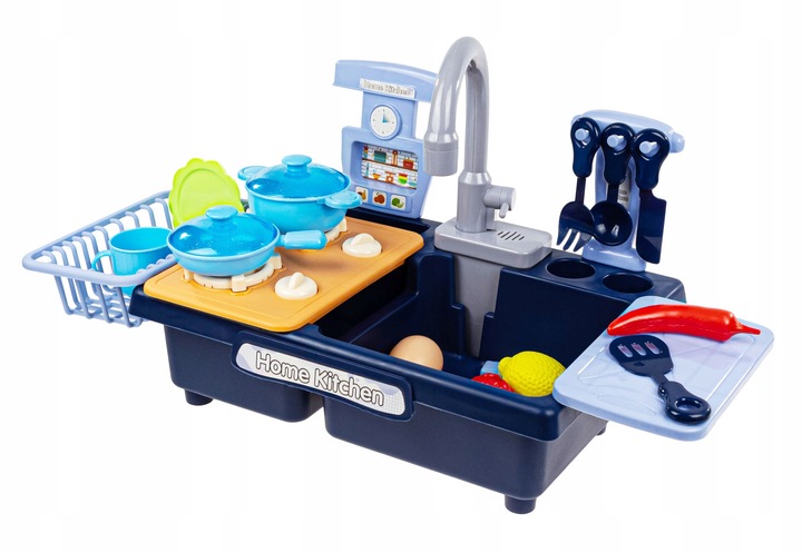 KUCHNIA ZLEW Z WODĄ DLA DZIECI KRAN NA BATERIE PALNIKI AKCESORIA WARZYWA