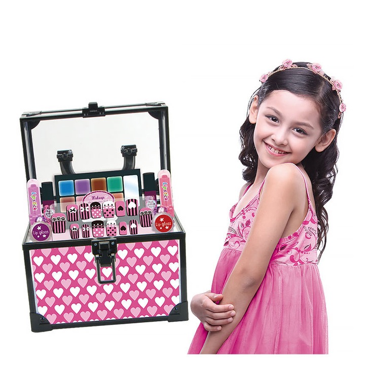 KUFEREK KOSMETYCZKA DLA DZIEWCZYNKI CIENIE LAKIERY TIPSY SZMINKA +BIŻUTERIA
