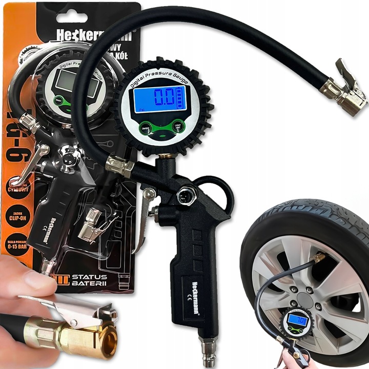 PISTOLET DO POMPOWANIA KÓŁ Z MANOMETREM CYFROWYM LCD WĘŻYK 36CM 15 BAR