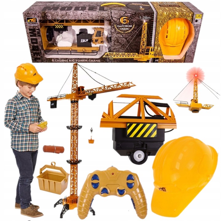 Mega Dźwig Żuraw Budowlany RC Zdalnie Sterowany 128cm na Pilot + Kask LED