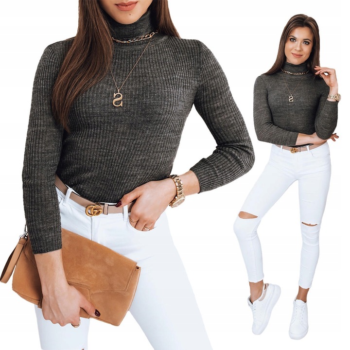 PRĄŻKOWANY SWETER DAMSKI GOLF KOLORY ox129 UNI