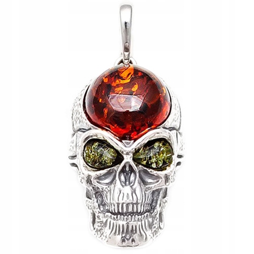 SREBRNY WISIOREK CZASZKA z oryginalny BURSZTYN srebro 925 DLA MĘŻCZYZNY