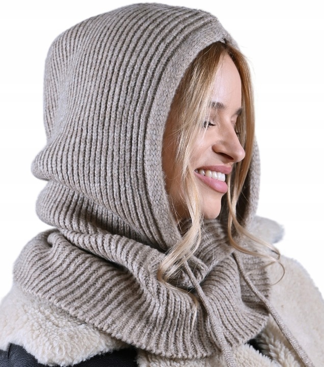 CZAPKA Kominiarka KAPTUR komin Balaclava damska ciepła miekka zimowa Latte