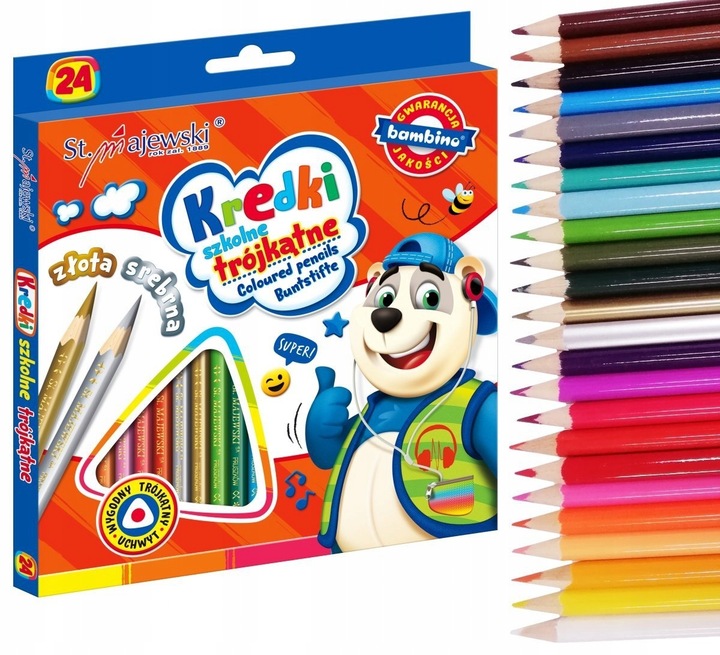 Kredki Trójkątne Szkolne Ołówkowe 24 kol. Złota Srebrna Bambino