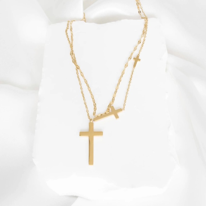 Pozłacany Naszyjnik Damski ze Stali Szlachetnej Wielowarstwowy z Krzyżykami