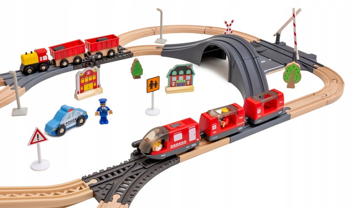 Drewniana Kolejka Elektryczna POCIĄG NA BATERIE x2 WAGONY TUNEL TOR Dźwięk