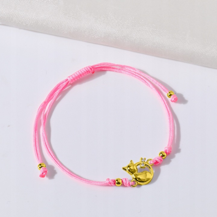 Srebrna bransoletka dla dziewczynki dzieci sznurkowa kotek srebro pozłacane