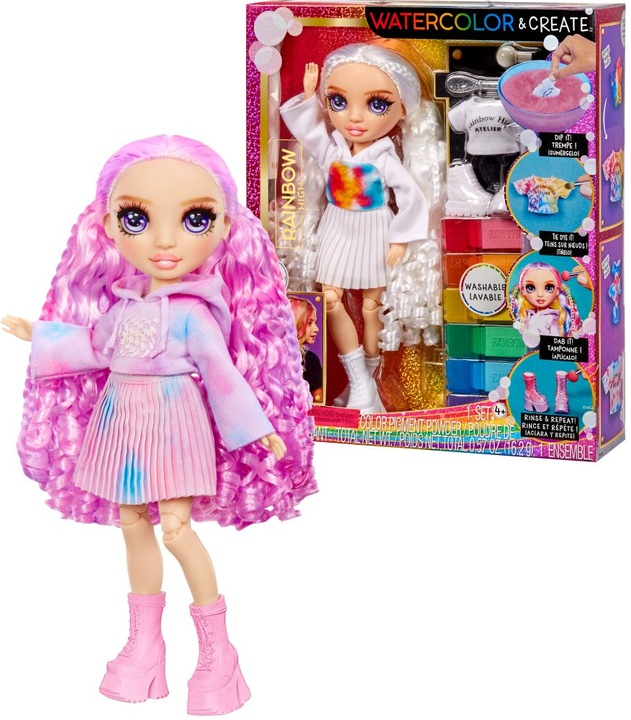Lalka Watercolor Create Rainbow High Modna Fioletowe Oczy Zmywalne Farbki