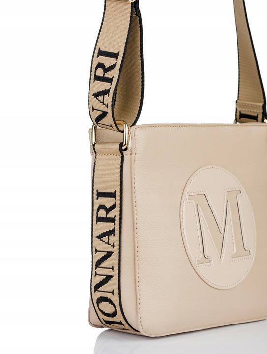 MONNARI Torebka na ramię LISTONOSZKA Pojemna PASEK LOGO PREMIUM Beżowa