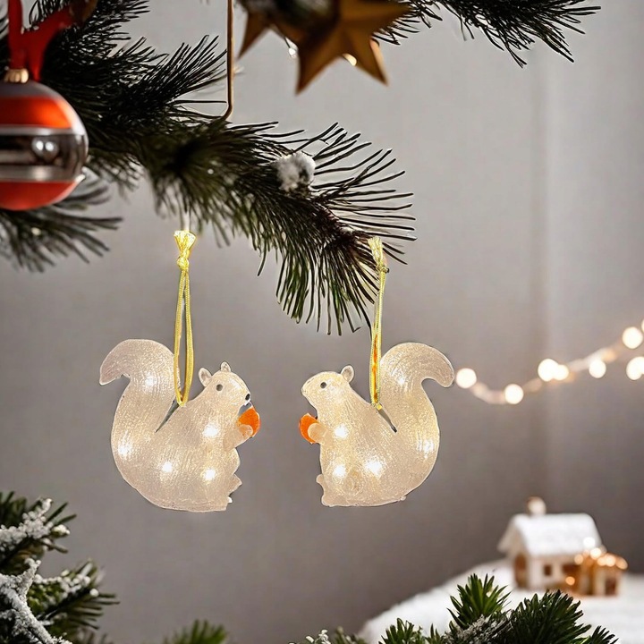 Lampki Choinkowe LED Akrylowe Wiewiórki 2 Sztuki na Boże Narodzenie Białe