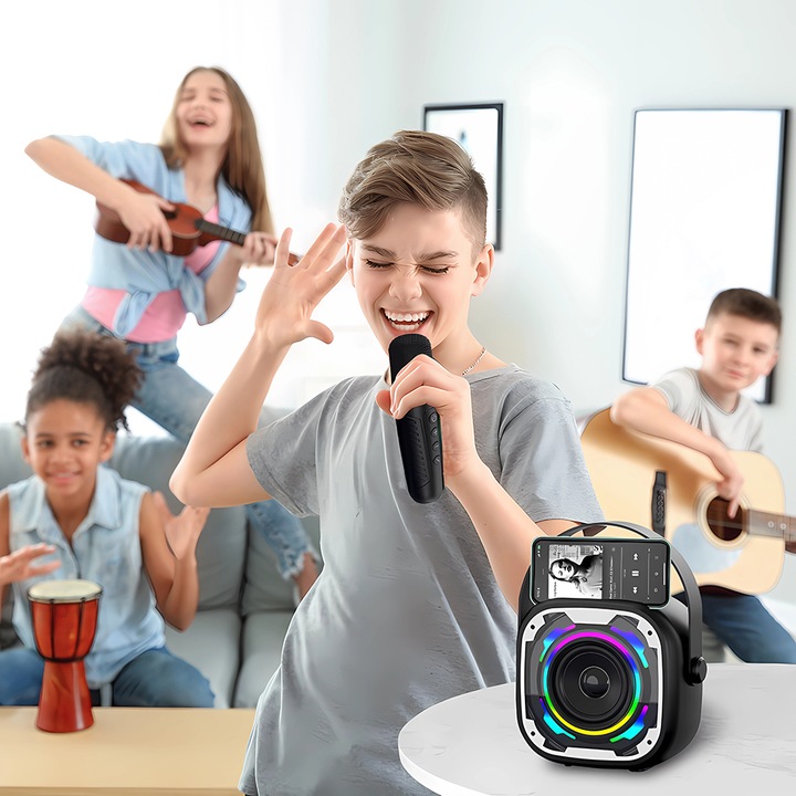 ZESTAW KARAOKE Z 2 MIKROFONY BEZPRZEWODOWE GŁOŚNIK BLUETOOTH LED KOLOROWA