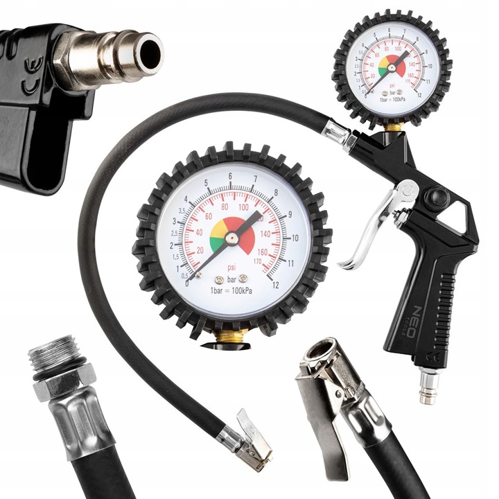 NEO PISTOLET DO POMPOWANIA KÓŁ Z MANOMETREM 0-12 BAR ZACZEP + WĘŻYK 14-714