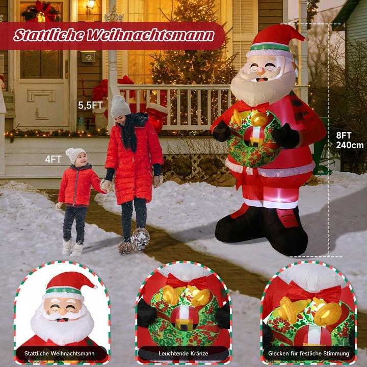 Dekoracje świąteczne Nadmuchiwany wieniec trzymający Świętego Mikołaja, 240