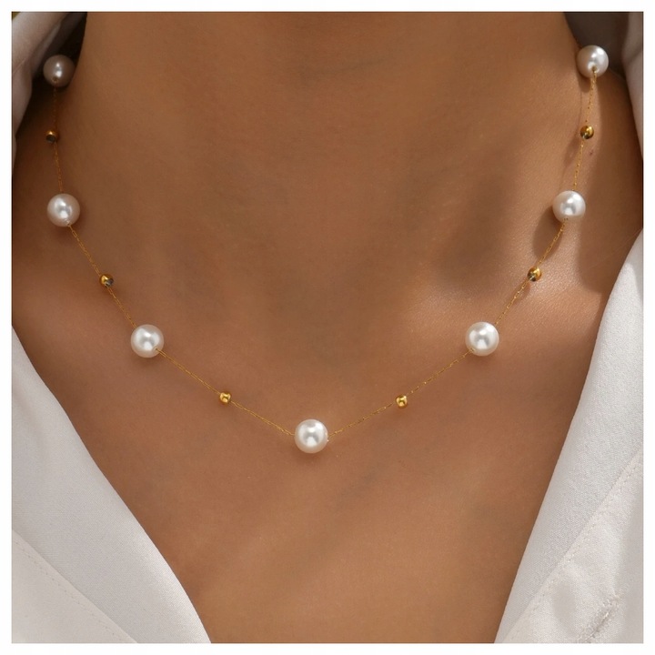 Naszyjnik Kolor Złoty Stal Nierdzewna Perły Perełki Klasyczny Elegancki
