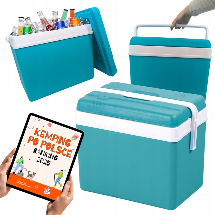 LODÓWKA TURYSTYCZNA 35L TURKUSOWA na WKŁADY MROŻĄCE do auta KAMPERA łodzi