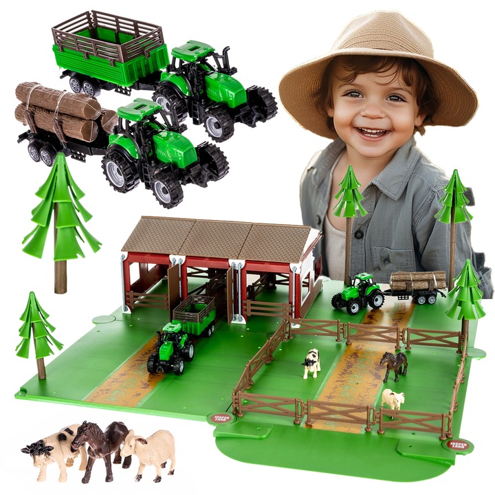 Traktor z Przyczepą Zestaw Dla Dzieci Farma Gospodarstwo Zwierzęta Stodoła