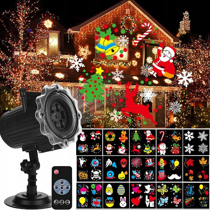 ŚWIĄTECZNY PROJEKTOR LED LASEROWY 16 slajdów 64 MOTYWÓW z pilotem
