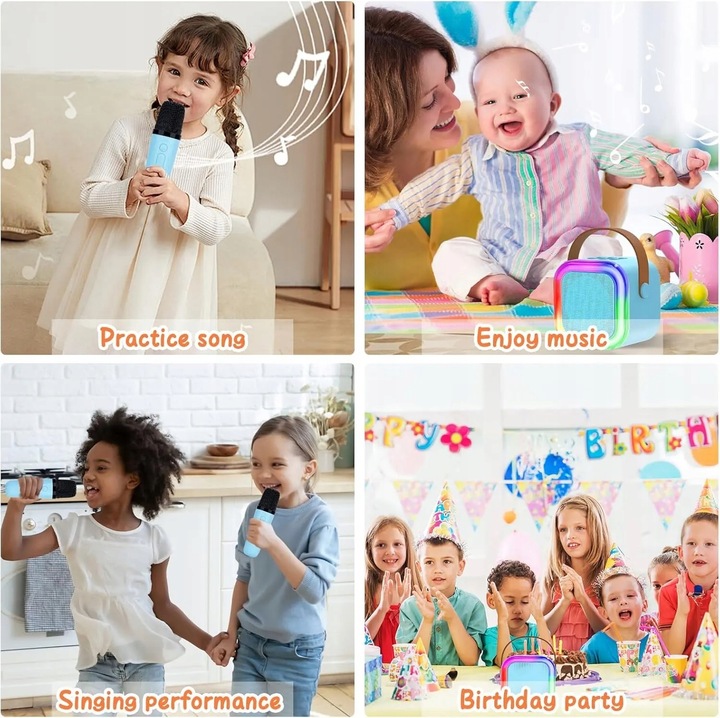 KARAOKE DLA DZIECI PRZENOŚNY GŁOŚNIK BLUETOOTH + 2 MIKROFONY KOLORNIEBIESKI