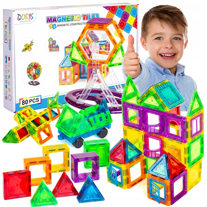 KLOCKI MAGNETYCZNE 3D budynki pojazdy podwozie ZESTAW Magnetic Tiles 80 el.