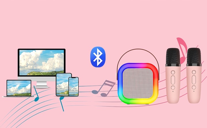 MASZYNA KARAOKE DŹWIĘK STEREO GŁOŚNIK BLUETOOTH 3 TRYBY LED 2 MIKROFONY