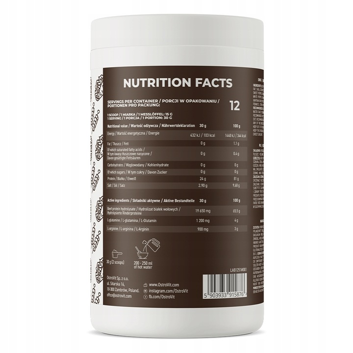 MASA HYDROLIZAT BIAŁKO WOŁOWE BCAA EAA OSTROVIT BEFFF PROTEIN KEBEB 360 G