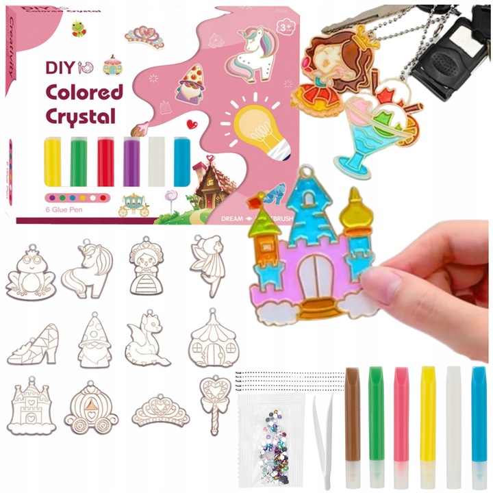 ZESTAW DO ROBIENIA BRELOCZKÓW dla dzieci DIY breloczki 12 szablonów 12 farb