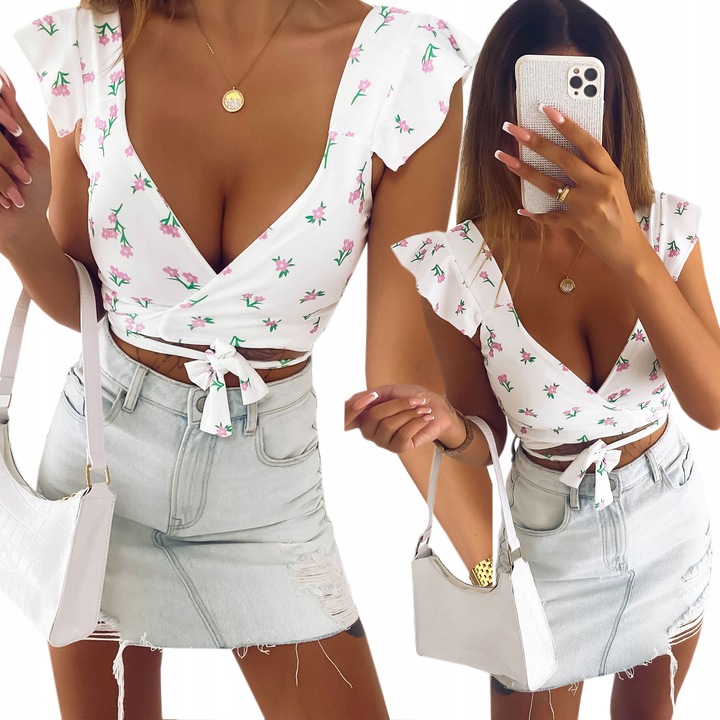 BLUZKA TOP MODNA STYLOWA KWIATY KOPERTOWY DEKOLT WIĄZANIE WZÓR 3 S/M BYSISI