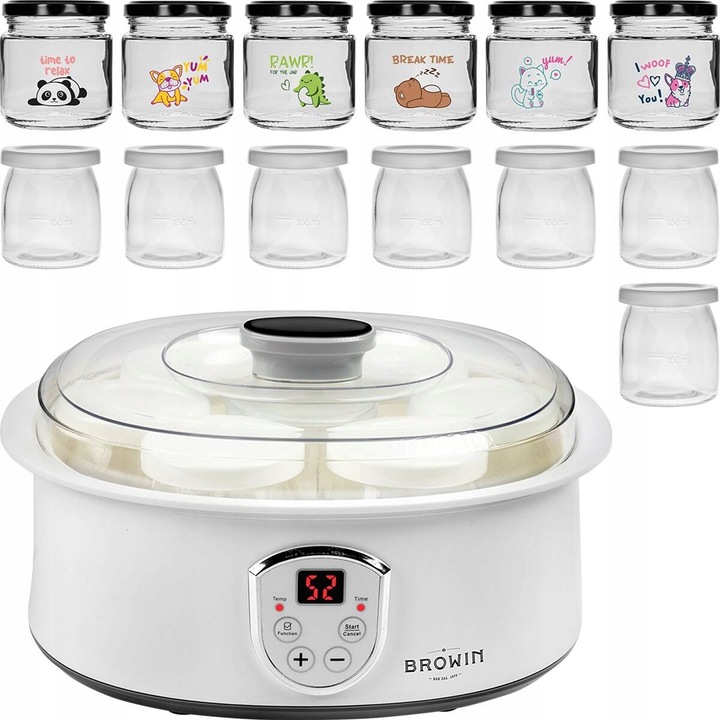 Zestaw Jogurtownica BROWIN 1,3L 20W termostat + 13 x SŁOIKI - 20-60 C TIMER