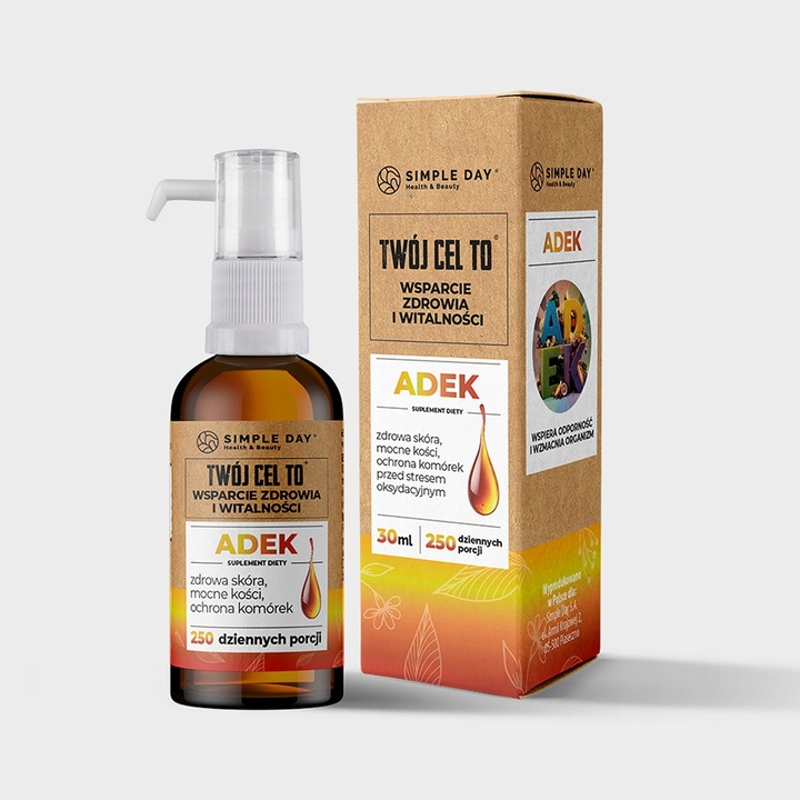 ADEK 250 PORCJI Wit. A 800µg Wit. D 50µg (2000 IU) Wit. E 12mg Wit. K 75µg