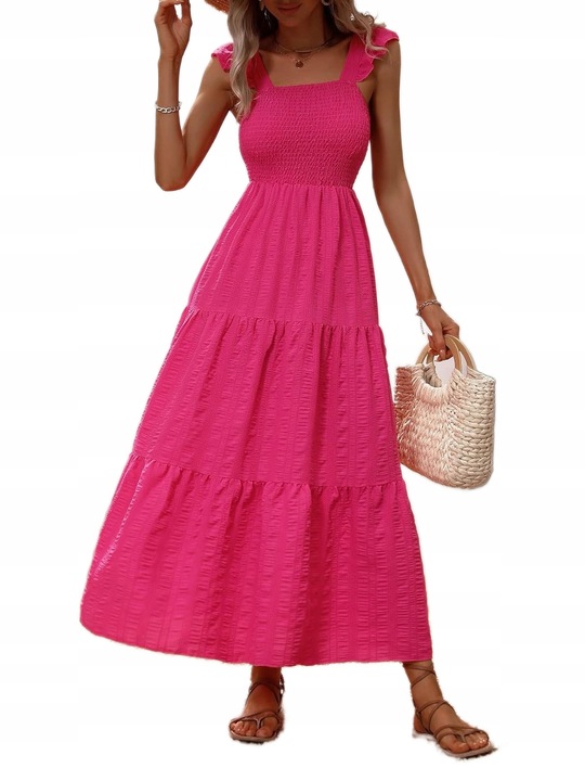 LETNIA SUKIENKA LUŹNA CODZIENNA MAXI RÓŻOWA MARSZCZENIA KOBIECA NA PLAŻĘ