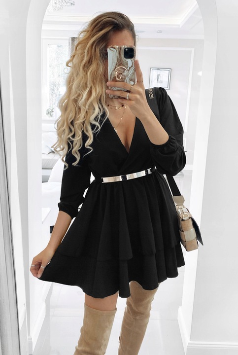 SUKIENKA ROZKLOSZOWANA KOPERTOWY DEKOLT CZERŃ