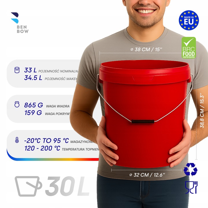 Wiadro na żywność 30L Czerwone z rączką i pokrywą