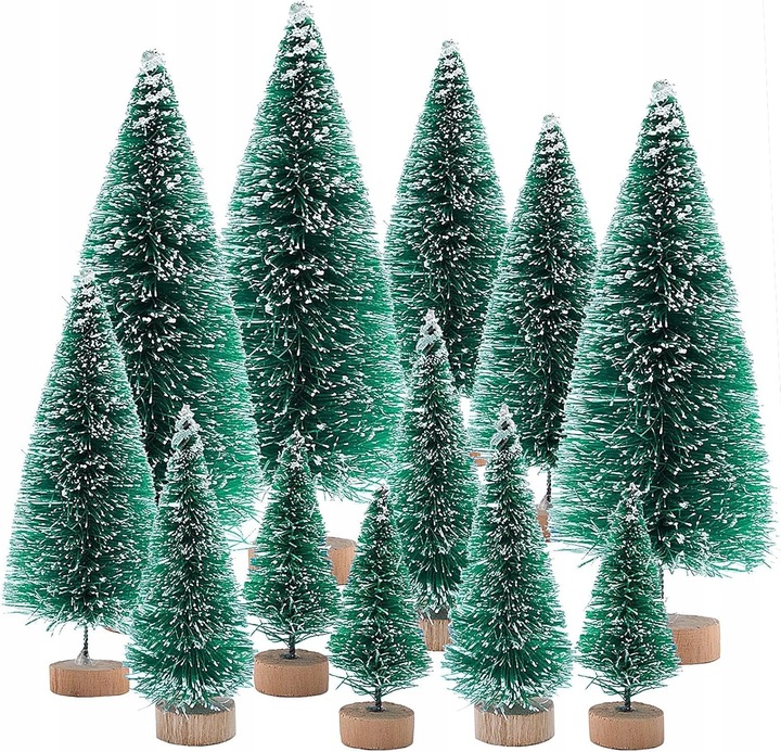12 MINIATUROWYCH ZIELONYCH CHOINEK Z Efektem Śniegu Zestaw Do Dekoracji