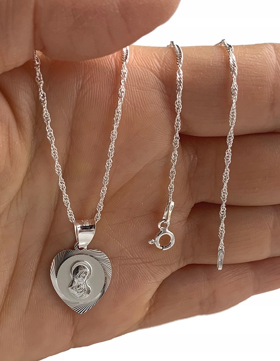 Medalik Komunijny Matka Boska Serce i łańcuszek srebrny 45cm GRAWER Komunia