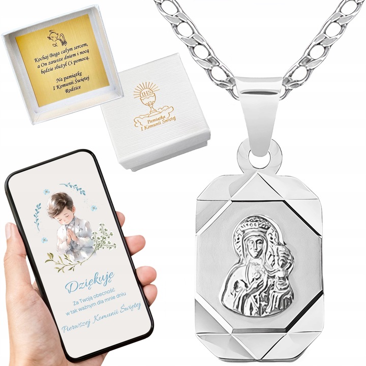 Łańcuszek i medalik na komunię dla chłopca lub dziewczynki 45 cm srebro 925