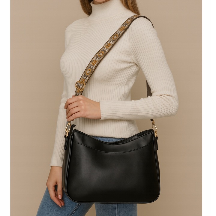 Torebka Damska Czarna Elegancka Pojemna na Ramię Pasek Brązowy