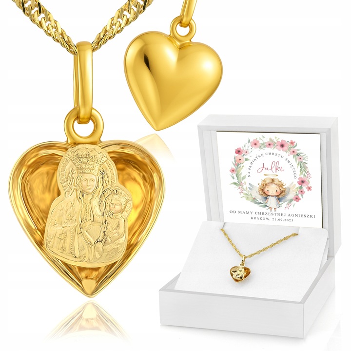 Złoty Łańcuszek Medalik Serce 585 z Grawerem Pamiątka Chrztu Świętego