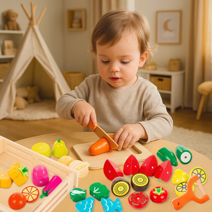 DREWNIANE WARZYWA OWOCE DO KROJENIA NA MAGNES DLA DZIECI ZESTAW XXL