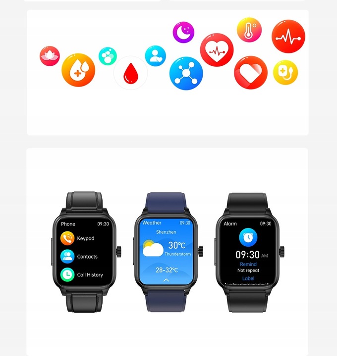 SMARTWATCH ZEGAREK TEMPERATURA CIAŁA POMIARU CUKRU GLUKOZA 3 PASKI HRV NFC